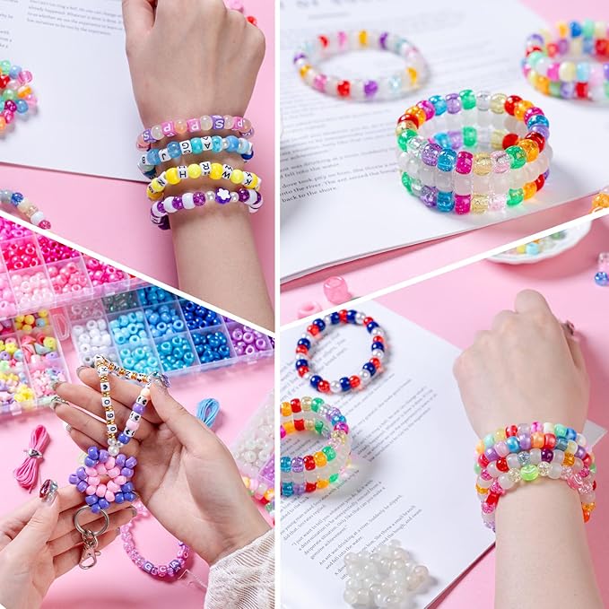 5 Boxes Bracelet Making Kit Pony Beads, 6x9mm Kandi Rave Beads & Hair Beads Set with UV Color Changing, Glow-in-Dark, Chrome & Alphabet Letters for Friendship Jewelry DIY Crafts