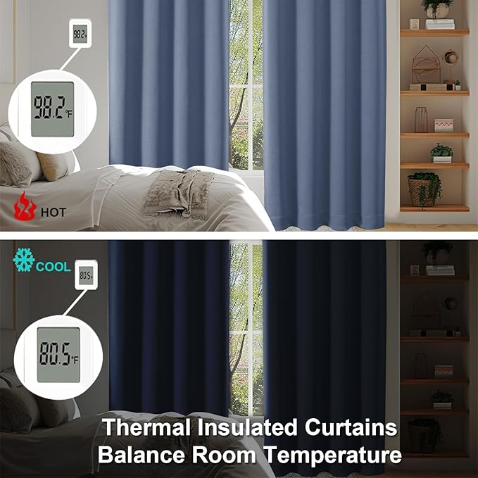 Simplebrand Ava Denim Blue Blackout Curtains for Bedroom 84 Inch Length 2 Panels Set, Solid Thermal Insulated Privacy Living Room Window Treatment Curtains Blackout Drapes, W40 x L84 Inch, Denim Blue