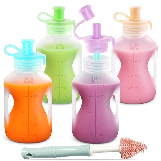 Silicone Reusable Baby Food Pouches with Straws, 4 Pack Leakproof Refillable Squeeze Pouches, Dishwasher, Freezer, Microwave Safe, 5OZ Baby Food Storage for Homemade Puree, Yogurt