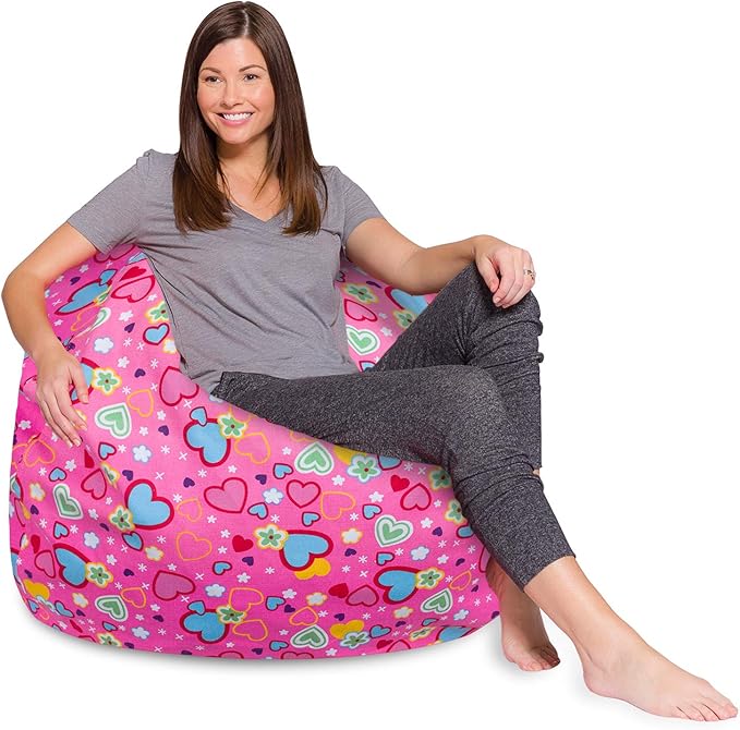 Posh Creations Bean Bag Chair for Kids, Teens, and Adults Includes Removable and Machine Washable Cover, Canvas Multi-Colored Hearts on Pink, 48in - X-Large
