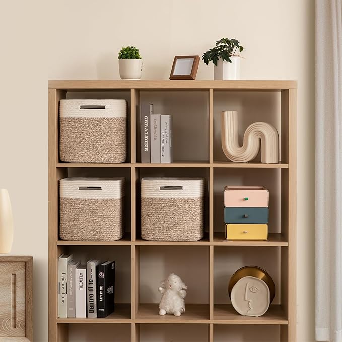 OIAHOMY Cube Storage Basket, 3-Pack Woven Cotton Rope Baskets, 11-Inch Cube Basket with Handles, Great for Shelves, Closets, Children's Toy Organization - White & Brown