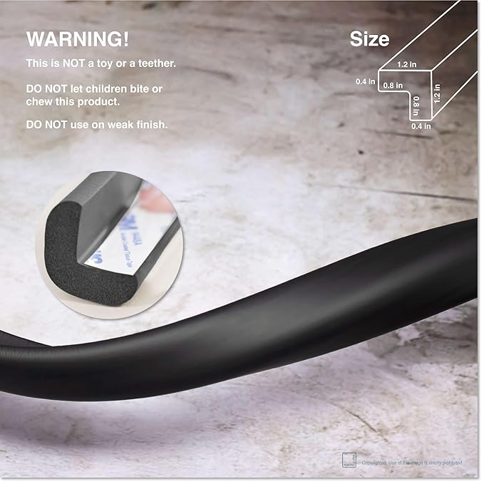 Roving Cove HeftyFit Edge Protector for Baby Proofing (6ft Large Edge Only), Heavy-Duty Soft Rubber Foam Furniture Edge Bumper Guards, Desk Edge Cushion, Wall Corner Covers, 3M Adhesive, Onyx Black