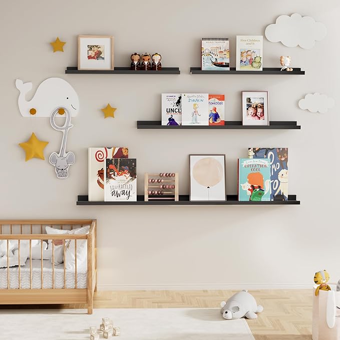 Picture Ledge Shelf for Wall, Floating Shelves Set of 4, 36 Inch Long Nursery Book Shelves for Toys Storage, Kids Bookshelf Wall Mounted for Books Photo Frames, Black