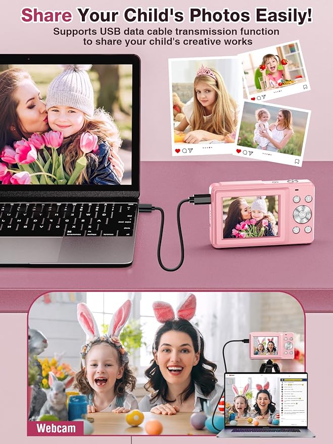 Digital Camera,FHD 1080P Kids Camera 44MP Point and Shoot Digital Cameras with 32GB Card,16X Zoom,Anti-Shake,Date Stamp,Compact Small Cameras Photography for Kids Student Teen Girl Boy(Pink)