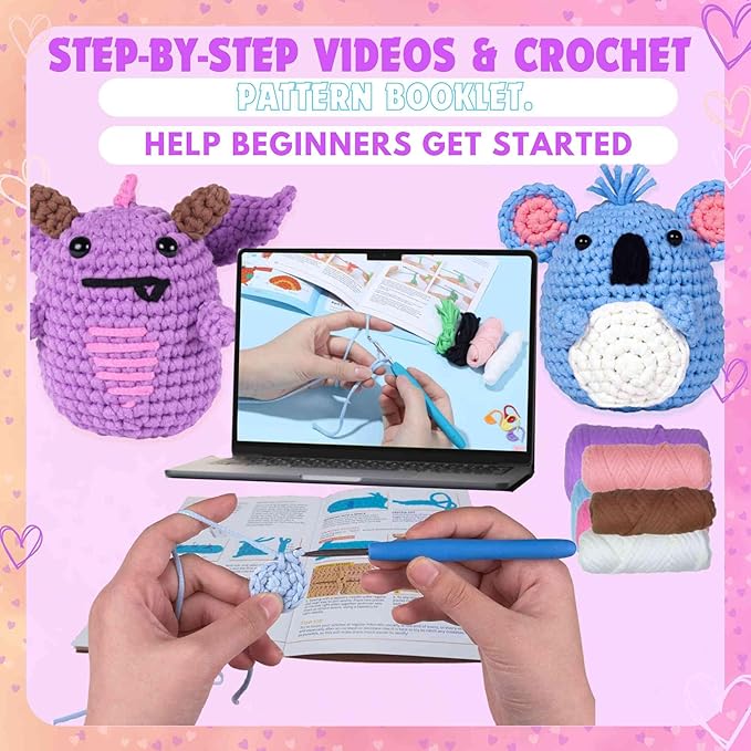 yhwsymgmho Crochet Kit for Beginners:2pcs Animals amigurumi Crochet Starter Kits with Step-by-Step Video Tutorials,Easy Knitting Set for Adults Kids,DIY Crocheting Doll Gift(Pterosaurs and Koalas)