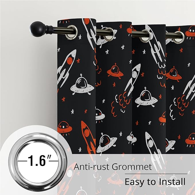 Kids Space Themed Blackout Curtains - 100% Blackout, Thermal Insulated, Noise Reducing, Perfect for Kids Room and Nursery, 2 Panels (Starlight Rocket Chase, W52×L84)