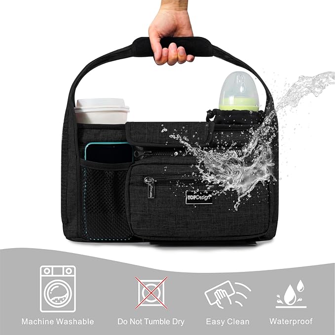 TOPDesign Universal Baby Stroller Organizer, Stroller Caddy with Detachable Mesh Bag & Heightened Insulated Cup Holders & Non-Slip Secure Hooks Accessories, Fits Most Strollers (Yoga)
