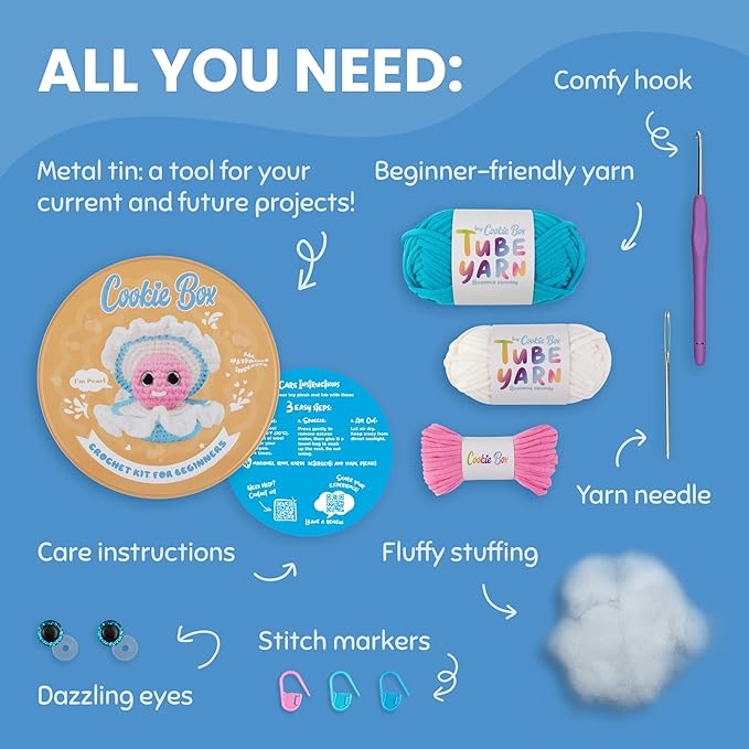 Cookie Box Crochet Kit for Beginners - Learn to Craft Amigurumi Stuffed Animals - Knitting Gift for Kids and Adults - Beginner-Friendly Yarn - Stitch-by-Stitch Video Tutorial - Oyster Pearl