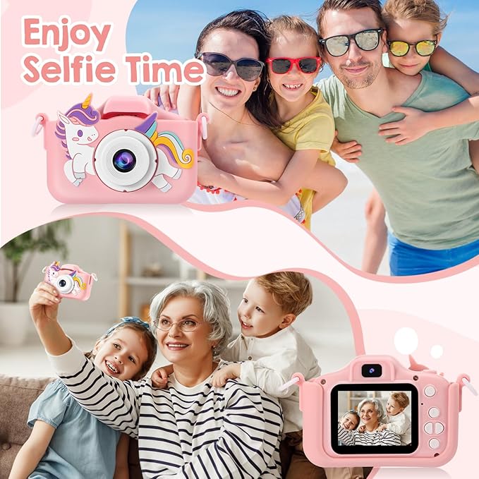 Kids Camera, Toys for Toddlers Age 3-8 Year Old Girl Christmas Birthday Gifts, Children Digital Camera with Cartoon Soft Silicone Cover and 32GB Card (Sakura Pink)