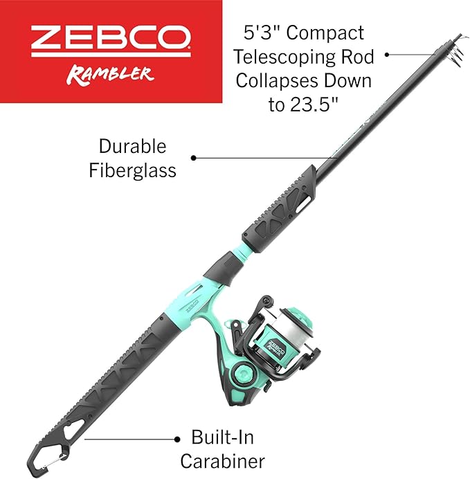 Zebco Rambler Fishing Reel and Rod Combo, Durable Fiberglass Rod with Built-in Carabiner, Patented No-Tangle Reel, Pre-Spooled with 8-Pound Zebco Fishing Line