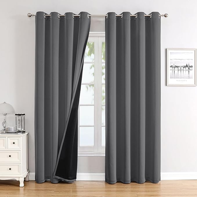 ChrisDowa 100% Blackout Curtains for Bedroom with Black Liner, 2 Thick Layers Total Blackout Thermal Insulated Grommet Long Window Curtains 2 Panels Set (Grey, 52 x 95 Inch)