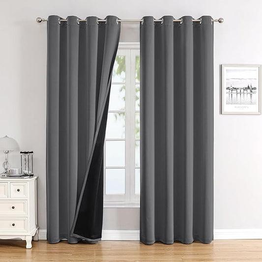 ChrisDowa 100% Blackout Curtains for Bedroom with Black Liner, 2 Thick Layers Total Blackout Thermal Insulated Grommet Window Curtains 2 Panels Set (Grey, 52 x 72 Inch)
