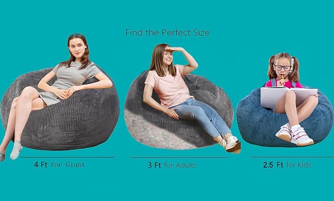 Bean Bag Chair 3Ft Luxurious Faux Rabbit Fur Memory Foam Bean Bag Chairs for Adults/Teens with Filling,Ultra Soft Faux Fur Fabric, Round Fluffy Sofa for Living Room Bedroom College Dorm (Blue)