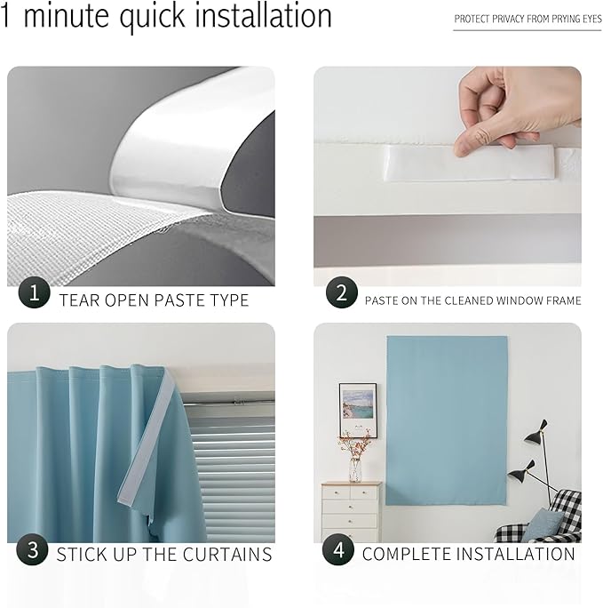 Self Adhesive Curtains, Black Out Shade for Window, Blackout Fabric Temporary Window Coverings Easy to Hang Curtains No Rod Needed, Use for Bedroom, Room, Kitchen, 35" W X 79" L, Lake Blue, 1 Panel