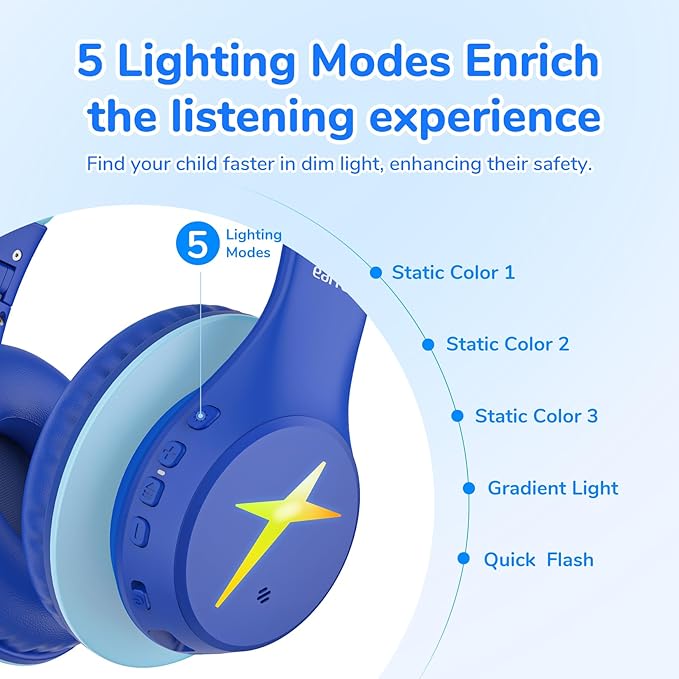 EarFun K4 Kids Bluetooth Headphones, Wireless Headphones with LED Lights, 74/85/94dBA Volume Limited, Built-in Mic, 90H Playtime, Bluetooth 5.4 Over Ear Headphone for iPad/Tablet/PC/School