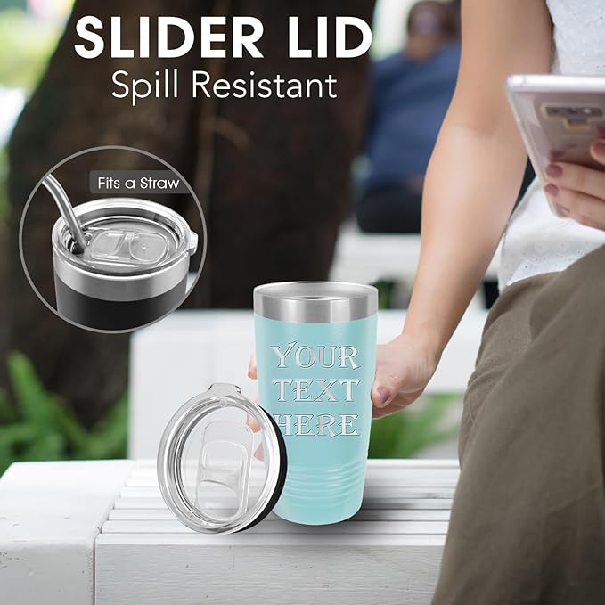 Personalized Tumbler, Custom Travel Coffee Mug, Laser Engraved Insulated Double Wall Stainless Steel Coffee Mug, Gift for Her, Closing Lid Included (Light Blue, 20oz)