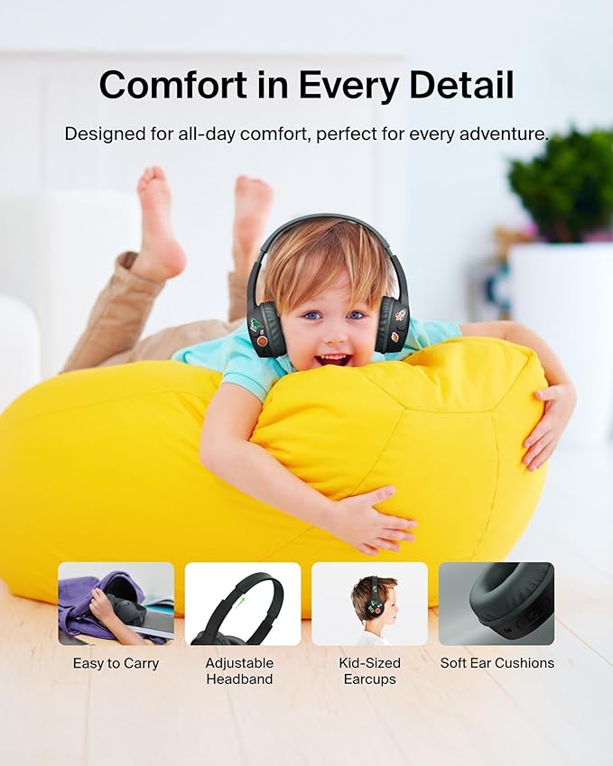 Belkin SoundForm Mini Kids Wireless Headphones w/Built-in Microphone, 30H of Playback Time, Fun Stickers, & Case - Over-Ear Headsets for Online Learning, School, iPhone, iPad, Galaxy, & More - Black