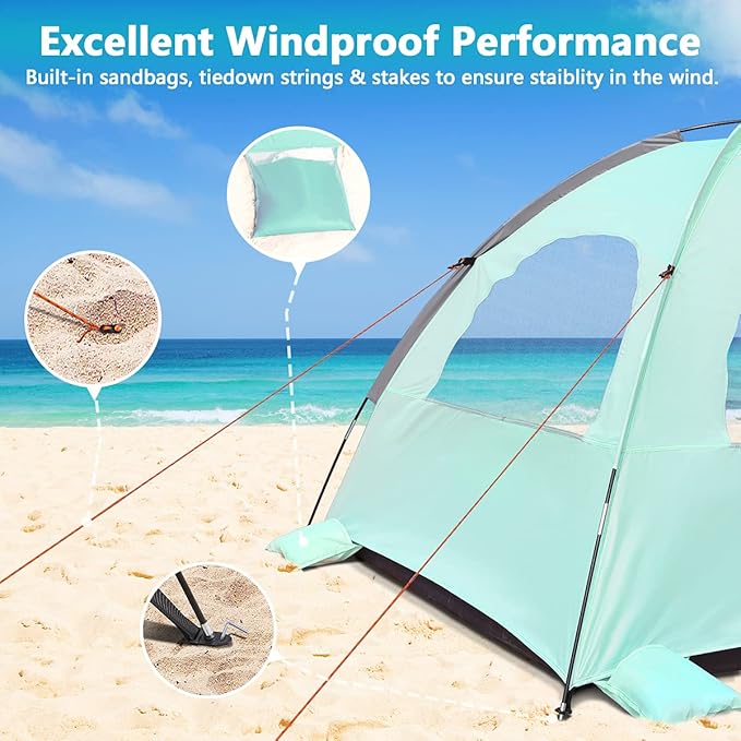 NXONE Beach Tent Sun Shade Shelter for 3/4/6 Person Person with UV Protection, Extended Floor, 3 Mesh Roll Up Windows & 8.0/8.5mm Fiberglass Rods丨Carry Bag Included