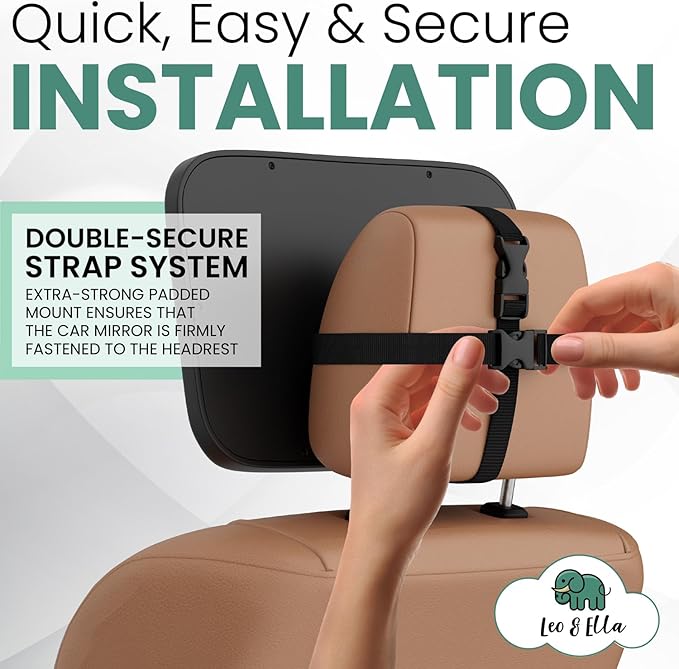 Leo and Ella - Baby Car Mirror - Extra Large & Ultra Clear Infant View, Crash Tested Shatterproof Design w/ 360° Adjustable Mount, Premium Car Mirror For Baby