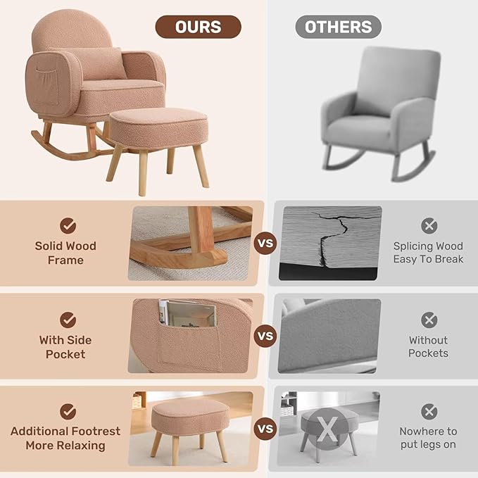 Rocking Chair Nursery with Ottoman, Upholstered Glider Rocker with High Backrest and Side Pocket, Rocking Accent Armchair with Solid Wood Legs for Nursery, Living Room, Bedroom Coffee