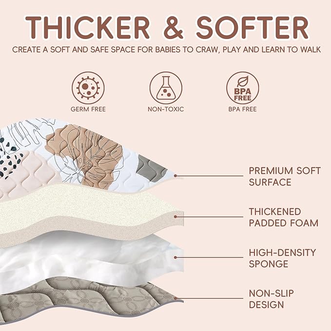 Baby Play Mat - Thicken 50x50 Inch Soft Foam Crawling Mat for Playpen & Floor, Non-Slip Waterproof Activity Playmats for Infants & Toddlers, Portable Foldable & Machine Washable, Boho Design