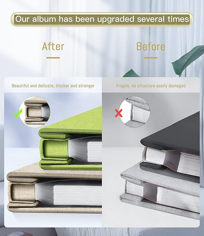 Popotop Photo Album Self Adhesive with Picture Display Window,60 Pages DIY Scrapbooking Supplies Kit for 4x6 10x12 Picture,Linen Cover Memory Book for Baby Wedding, with Scraper and Metallic Pen