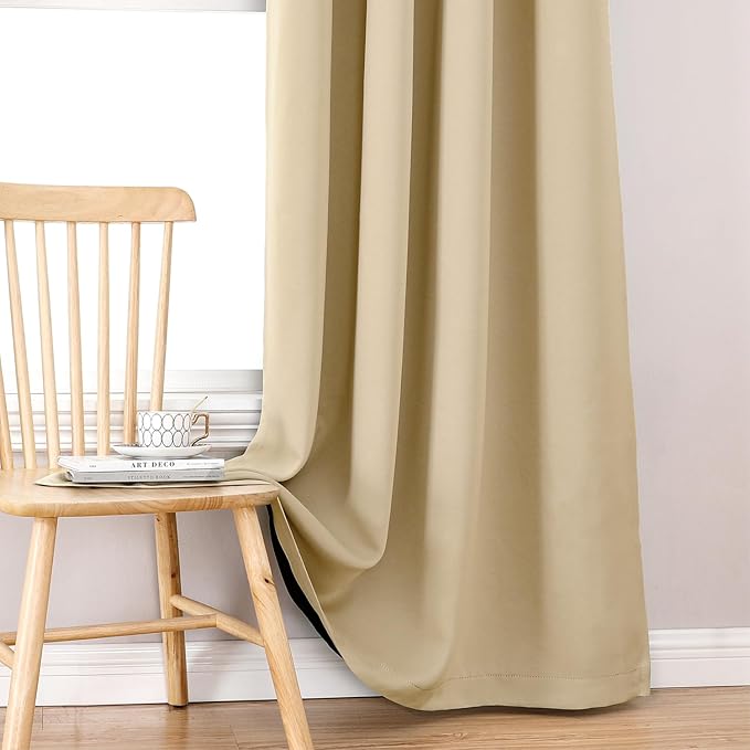 ChrisDowa 100% Blackout Curtains for Bedroom with Black Liner, 2 Thick Layers Total Blackout Thermal Insulated Grommet Small Window Curtains 2 Panels Set (Beige, 42 x 54 Inch)