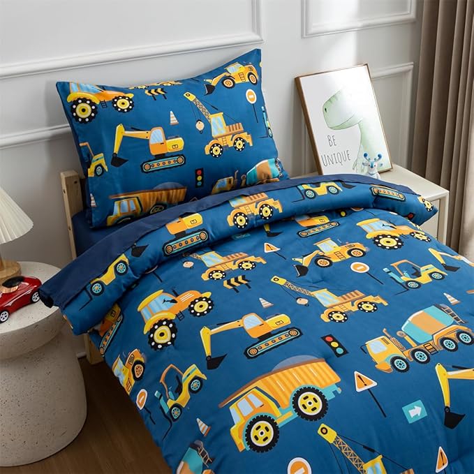 NTBED 4 Pieces Traffic Construction Toddler Bedding Set for Baby Boys,Truck Vehicles Excavator Cars Printed, Includes Comforter, Flat Sheet, Fitted Sheet and Pillowcase,Blue