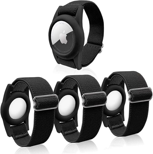 4 Pack Airtag Bracelet for Kids, AirTag Holder with Adjustable Stretchy Nylon Watch Band, Anti-Lost Apple Air Tag Case Loop for Child, Toddler, Wallet, AirTag Wristband Kids (Black)