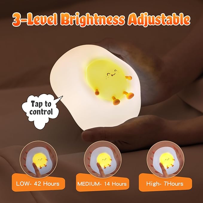 Fried Egg Night Light for Toddler, Kids, Baby, Nursery Warm Ambient Lamp for Snoothing, Sleeping Companion, Auto Off 30Min Timer, Rechargeable Battry Cordless, Soft Silicone Skin