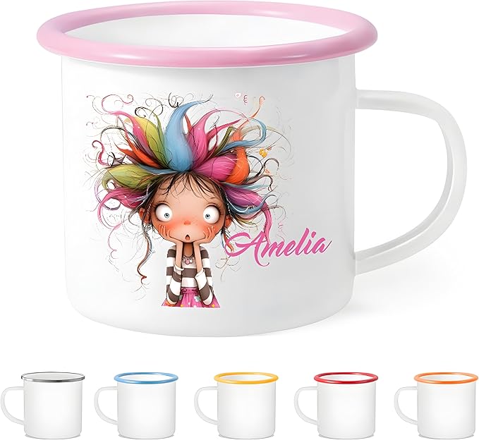 Personalized 12 oz Enamel Mug with Name - Custom Camping Coffee Mugs for Home, Work, Travel, Camping - Birthday Christmas Gift for Family Friend (Cute Quirky Girl)