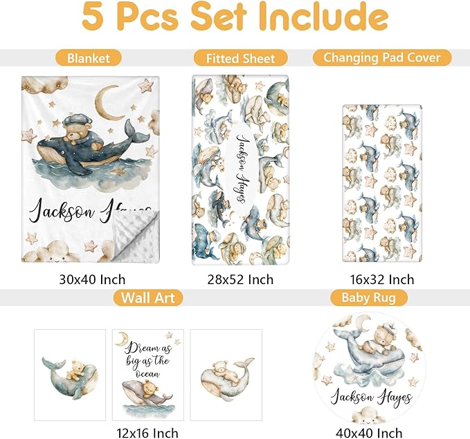 Personalized Baby Bedding Set - 5 Pcs Custom Infants Bedding Set with Infant Name - Double Layer Nursery Crib Set for Girls Boys - Customized Gifts for Toddler Baby Shower - Whales and Bears