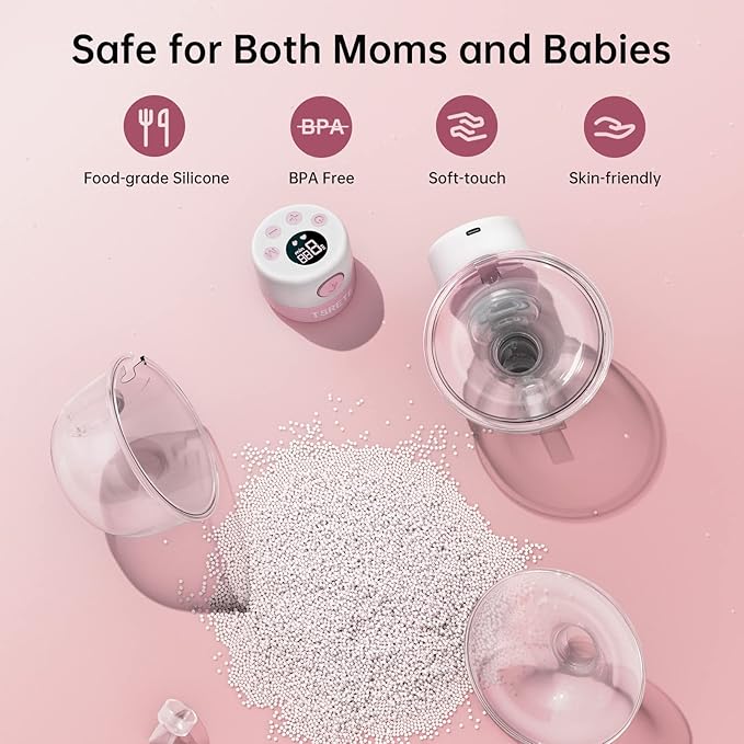 TSRETE Breast Pump, Double Wearable Breast Pump, Electric Hands-Free Breast Pumps with 2 Modes, 9 Levels, LCD Display, Memory Function Rechargeable Double Milk Extractor-27mm Flange, Pink