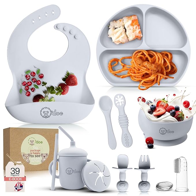 O'doe 11-Piece BPA-Free Silicone Baby Feeding Set | Thick & Soft Suction Plates, Baby Bowls, Wooden Fork & Spoon, and More | Make Mealtime Fun and Easy for Your Little One (Grey, V1)