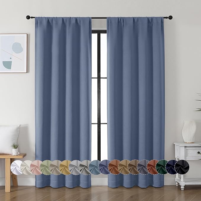 Simplebrand Ava Denim Blue Blackout Curtains for Bedroom 72 Inch Length 2 Panels, Privacy Thermal Insulated Rod Pocket Door Window Curtains for Patio French Door Front Door, W40 x L72 Inch, Denim Blue
