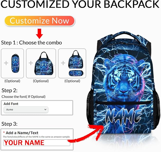 Boys School Backpack, Personalized Tiger Backpacks with Name for Kids Kindergarten Primary Senior Middle, 17 Inch Durable Personalized Cool Lightning Bookbag for School