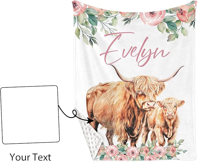 Custom Name Crib Bedding Set - Highland Cow Design, Personalized Floral Nursery Bedding 3-Piece Set– Soft Blanket, Fitted Sheet, Changing Pad Cover – for Newborns Girls Nursery Gifts