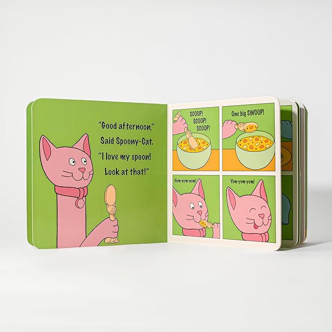 Made in USA Spoon la la Toddler Utensils Set (2 Pack) & Board Book - Spoon & Fork for Kids, Self-Standing 3D Ergonomic Cat & Dog Handles, BPA-free, Dishwasher Safe Baby Silverware (Yellow)