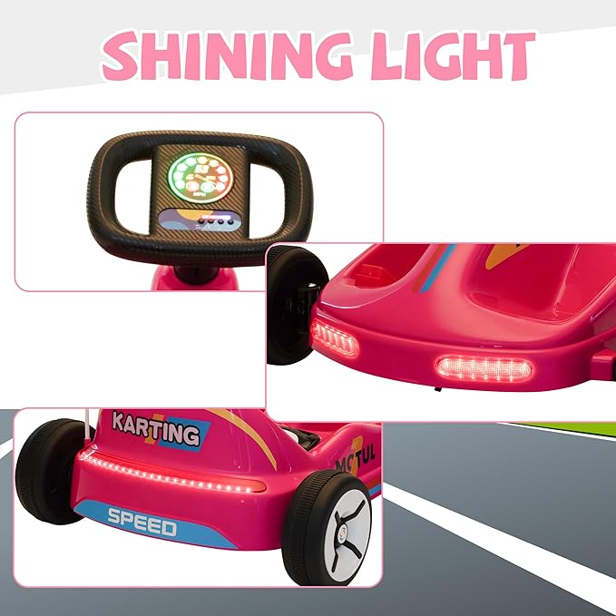 TOBBI 12V Electric Go Kart for Kids Battery Powered Ride on Car Outdoor Race Toy with Remote Control, Safety Belt, Music, LED Lights and Flags for Toddlers 3-8 Years, Pink
