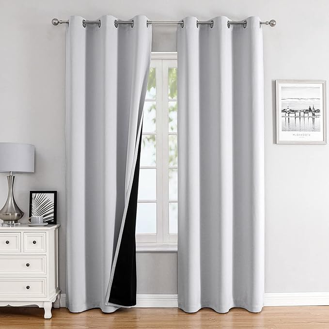 ChrisDowa 100% Blackout Curtains 84 inch Long for Bedroom with Black Liner, 2 Thick Layers Total Blackout Thermal Insulated Grommet Window Curtains 2 Panels Set (Greyish White, 38 x 84 Inch)