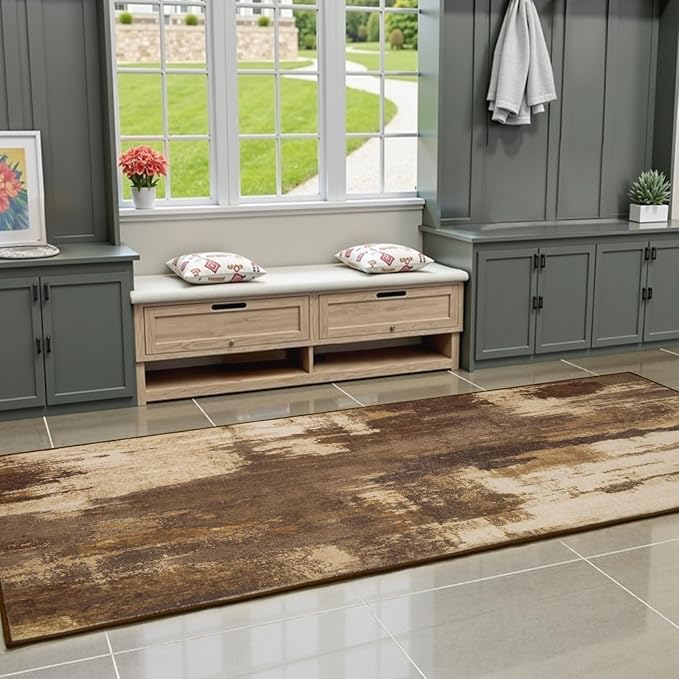 Washable Runner Rug, 2x6 Kitchen Rugs Brown Long Runner Rugs with Rubber Backing, Abstract Non-Slip Carpet Runners for Hallways, Kitchen, Bedroom, Laundry, Entrance