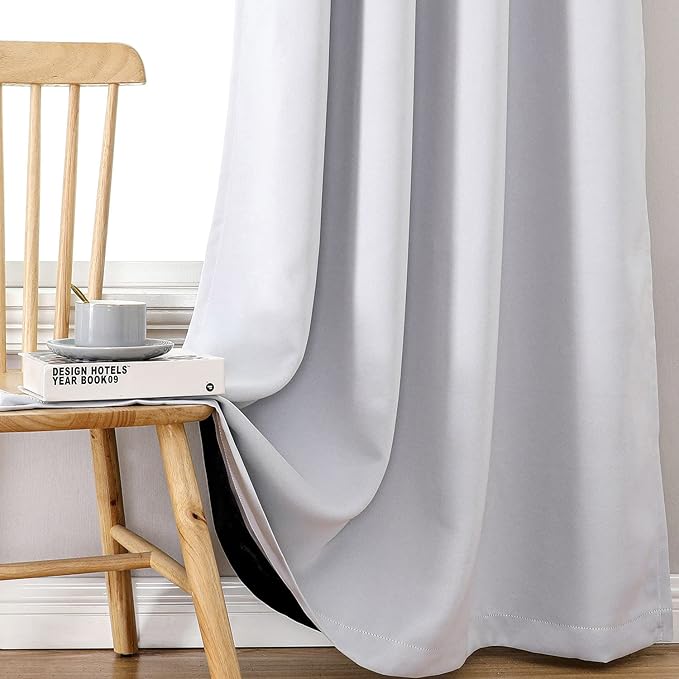 ChrisDowa 100% Blackout Curtains for Bedroom with Black Liner, 2 Thick Layers Total Blackout Thermal Insulated Grommet Window Curtains 2 Panels Set (Greyish White, 52 x 63 Inch)