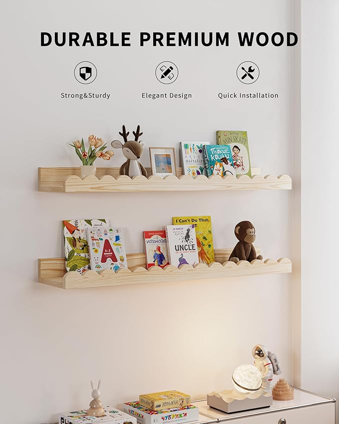Nursery Book Shelves, 4-Pack Wood Floating Shelves for Wall Kids, Scalloped Shelves, Wall Book Shelves for Bedroom Kids, Toddler Room, Baby Room, Nursery Decor (Wood, 23 Inches)