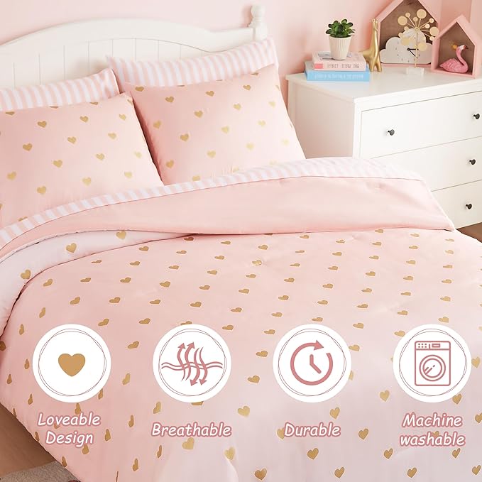 Twin Comforter Set with Sheets for Girls-5 Pieces Twin Bedding Sets with Pink Comforter, Sheets, Pillowcase & Sham for Kids (Pink Gold Heart, 66" X 86")