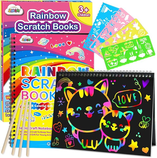 ZMLM Scratch Paper Art-Crafts Gift: 2 Pack Rainbow Notebooks Supplies Toys Easter Basket Stuffers for 3 4 5 6 7 8 9 10 Years Old Girls and Boys Kids Birthday Party Games (Yellow)