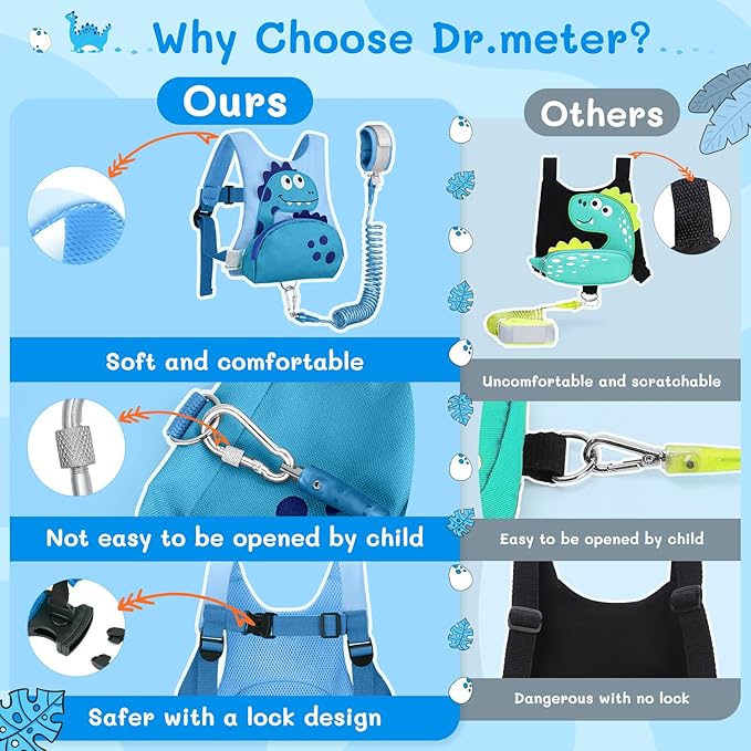 Dr.meter 3 in 1 Toddler Harness Leash + 8.2ft Anti Lost Wrist Link, Cute Dinosaur Kids Safety Harness with Key Lock, Child Walking Harness Assistant Strap for Outdoor Activity Travel