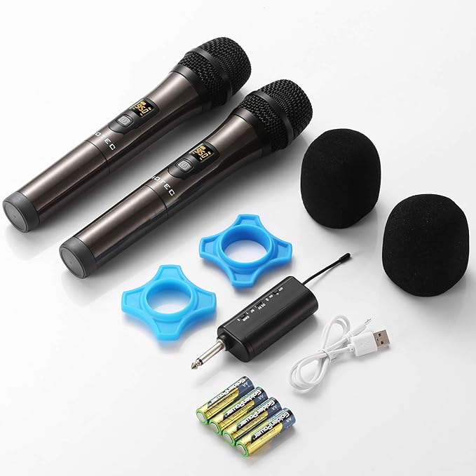 HOTEC UHF Wireless Dual Handheld Microphones with Rechargeable 1/4” Output Mini Portable Receiver for Live Performance Over PA, Mixer, Speaker (H-U26C)