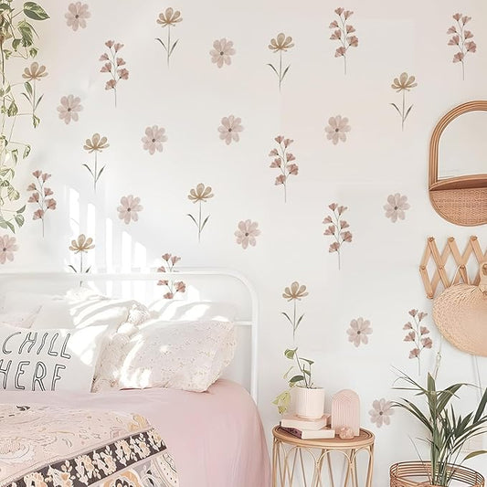 YouRfocus Daisy Wall Decals | 42 PCS Boho Flower Stickers for Girls' Rooms, Playrooms, and Nurseries | Dual Layer Print for High Coverage | Removable Peel and Stick Wall Decor (Pink-B) | 6 Sheets