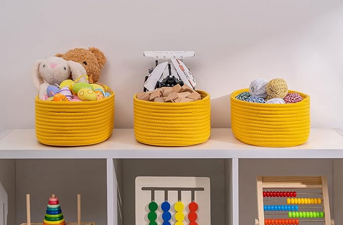 Shelf Storage Baskets for Organizing|Decorative Basket for Closet Storage|Toy Baskets&Bins|Small Woven Rope Baskets-13x8.66x5.11’’,Durable&Stylish,Oval 3 Packs Yellow