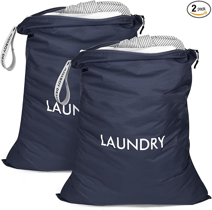 MissBoy 2 Pack Laundry Bags, Nylon Washable Wet Dry Bag, Travel Laundry Bags for Dirty Clothes, Dirty Clothes Organizer Bag for Home, College Dorm Laundromat